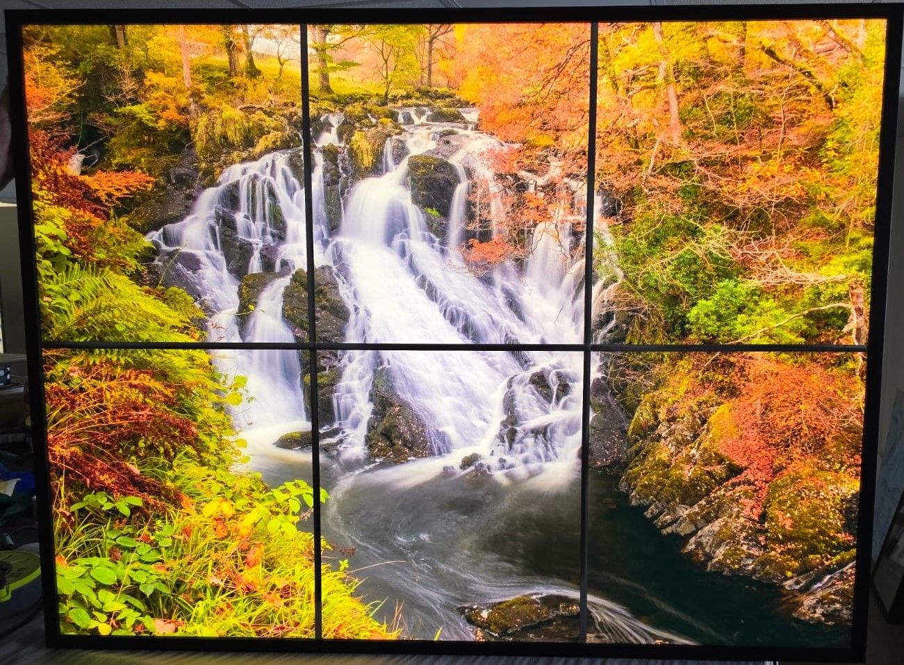 LED False Window with an autumn scene of a waterfall